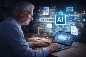 Mand foran laptop med ord som AI og jobsearch rundt om hende