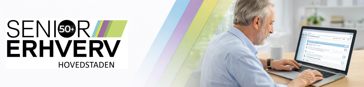 Banner med SEH logo og en mand der sidder foran sin laptop
